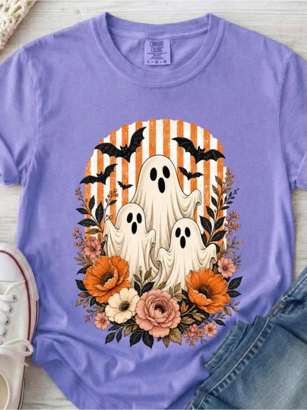 Comfort Colors Violet Halloween Ghosts Floral Short Sleeve Tee